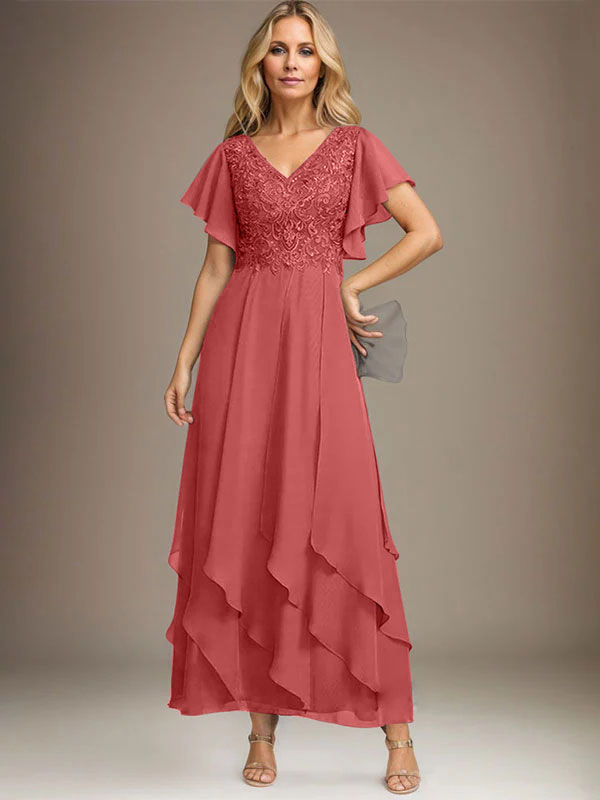 Vestido de gasa con encaje y escote en V hasta los tobillos para madre de la novia con volantes en cascada