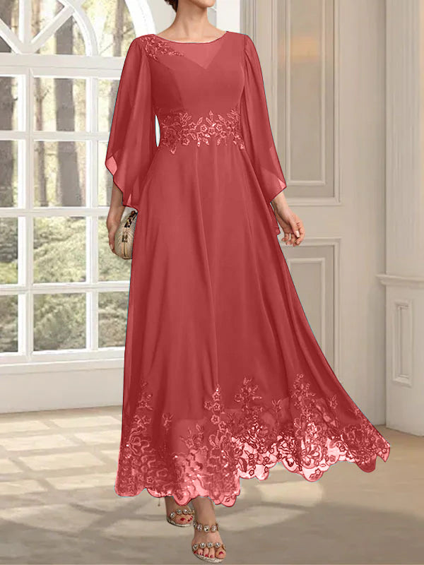 Vestido de gasa con encaje y lentejuelas para madre de la novia, corte A, escote ilusión, largo hasta los tobillos
