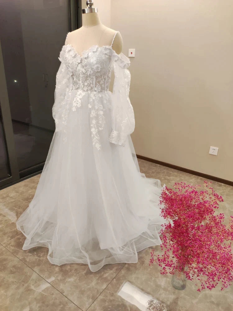 Vestido De Noiva Boho Lace Puffy Tulle Wedding Dresses Bridal Gowns Robe De Mariée Vestidos De Novia-payinti