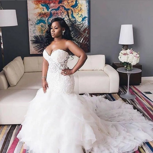 Vestidos De Novia Vintage Lace African Wedding Dresses Sweetheart Mermaid Back Lace Up Tiered Skirts Plus Size Bridal Gowns-payinti