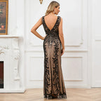 Vintage Mujer Sequins Beading Long Evening Dresses Formal Round Neck Lace Long Sexy Women Party Special Occasion-payinti