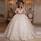 Lace Wedding Dresses Princess Ball Gown Beading Bridal Gowns Shinny Tulle Long Sleeves Ivory Dubai Marriage Dress-payinti
