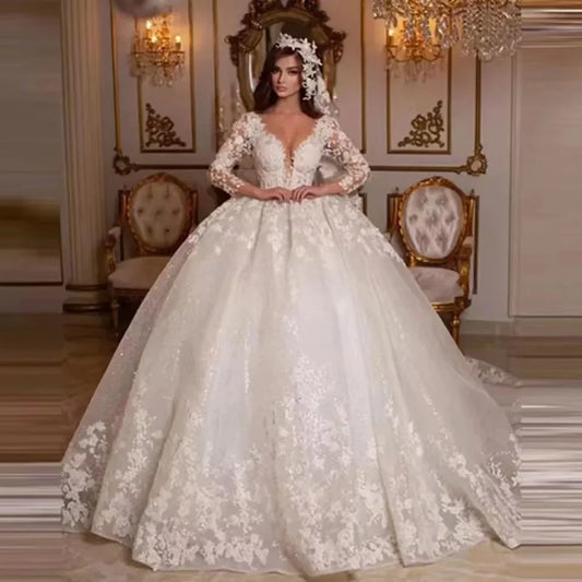Lace Wedding Dresses Princess Ball Gown Beading Bridal Gowns Shinny Tulle Long Sleeves Ivory Dubai Marriage Dress-payinti