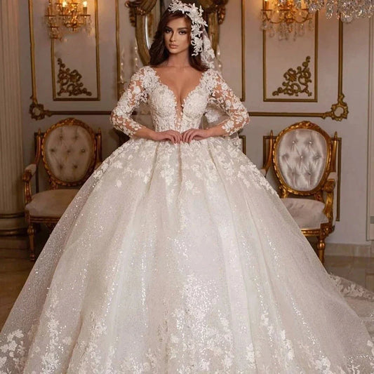 Vintage 2023 Lace Wedding Dresses Princess Ball Gown Beading Bridal Gowns Shinny Tulle Long Sleeves Ivory Dubai Marriage Dress-payinti
