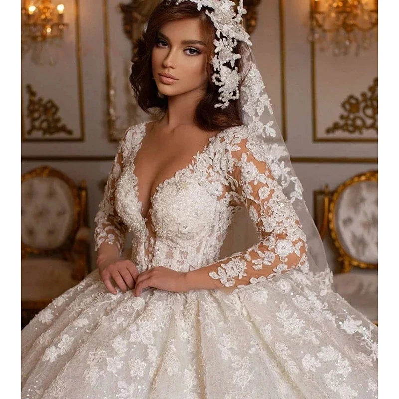 Lace Wedding Dresses Princess Ball Gown Beading Bridal Gowns Shinny Tulle Long Sleeves Ivory Dubai Marriage Dress-payinti