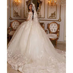 Vintage 2023 Lace Wedding Dresses Princess Ball Gown Beading Bridal Gowns Shinny Tulle Long Sleeves Ivory Dubai Marriage Dress-payinti