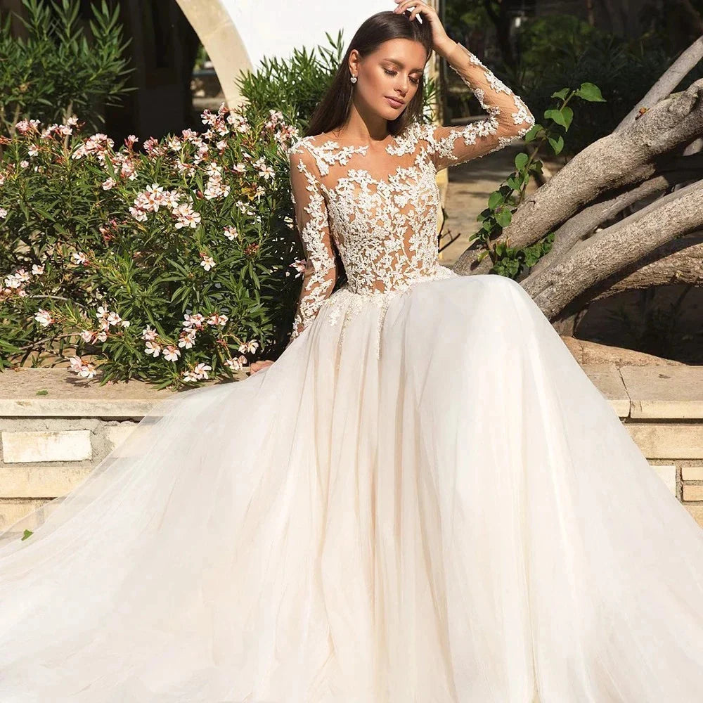 Vintage Boho Wedding Dresses For Women's Elegance 2023 Beach Princess A-Line Long Sleeves Illusion Bodices Country Bridal Gowns-payinti