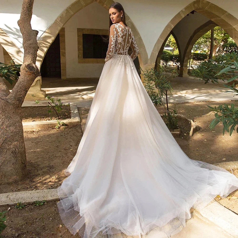Vintage Boho Wedding Dresses For Women's Elegance 2023 Beach Princess A-Line Long Sleeves Illusion Bodices Country Bridal Gowns-payinti