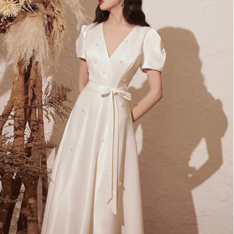 Elegant V-neck Wedding Party Dresses Belt Lace Up Slim Waist Pull Sleeve Evening Dress Simple Beading French Chic Robe-payinti
