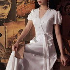 Elegant V-neck Wedding Party Dresses Belt Lace Up Slim Waist Pull Sleeve Evening Dress Simple Beading French Chic Robe-payinti