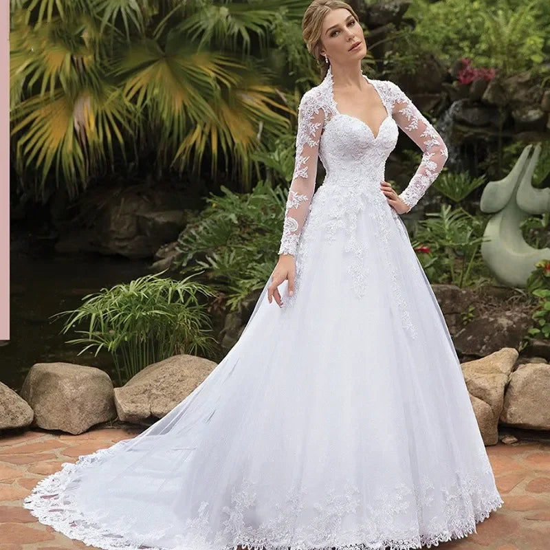 Vintage Italian white bridal dress Lace applique long sleeve tulle sweetheart Sweep Train Saudi Arabian trouw jurken dames-payinti