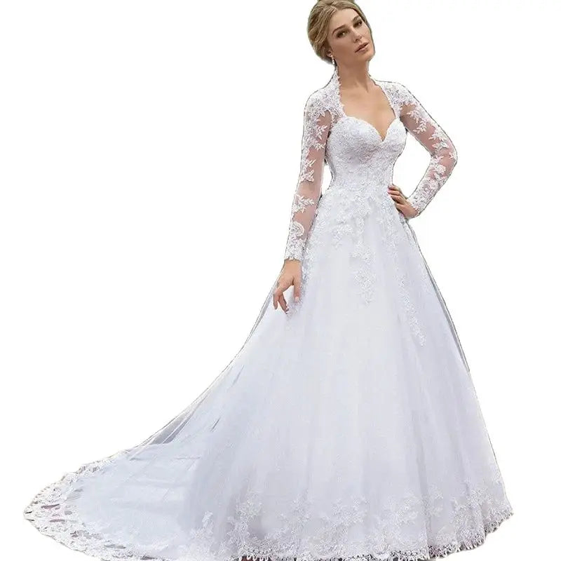 Vintage Italian white bridal dress Lace applique long sleeve tulle sweetheart Sweep Train Saudi Arabian trouw jurken dames-payinti