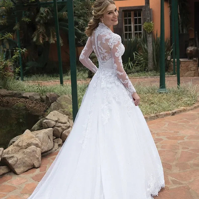 Vintage Italian white bridal dress Lace applique long sleeve tulle sweetheart Sweep Train Saudi Arabian trouw jurken dames-payinti