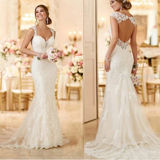 Vintage Lace Garden Wedding Dresses Sweetheart Open Back Wide Straps Mermaid Bride Wedding Gowns Long Train vestidos de novia-payinti