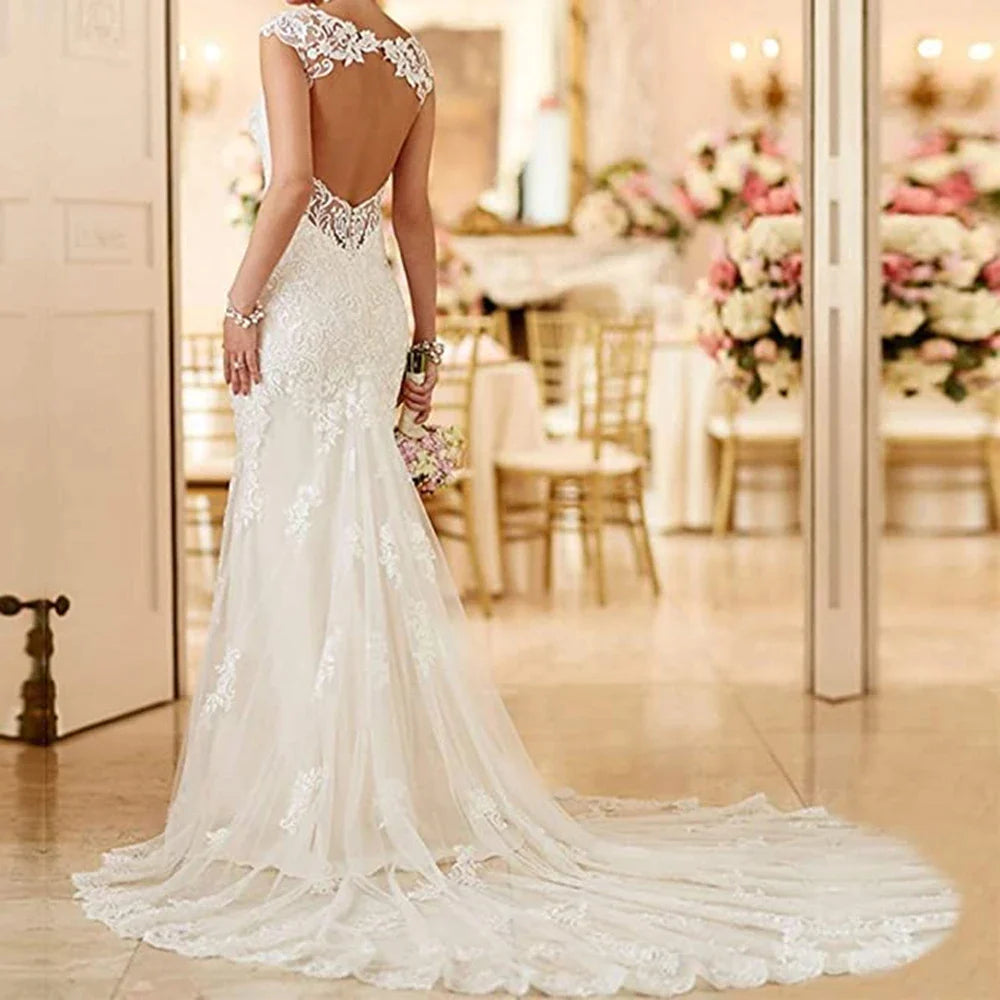 Vintage Lace Garden Wedding Dresses Sweetheart Open Back Wide Straps Mermaid Bride Wedding Gowns Long Train vestidos de novia-payinti