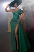 Vintage Langes Grünes Meerjungfrau One-Shoulder Perlenbesetztes Ballkleid Mit Schlitz