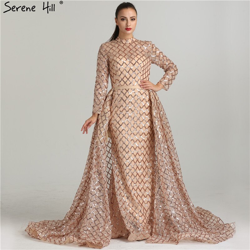 En oferta, sin devolución ni reembolso, vestidos de noche vintage de manga larga de lujo brillantes, 2025, con lentejuelas, cuello alto, vestidos de noche de tul a la moda, vestidos de fiesta LA6414