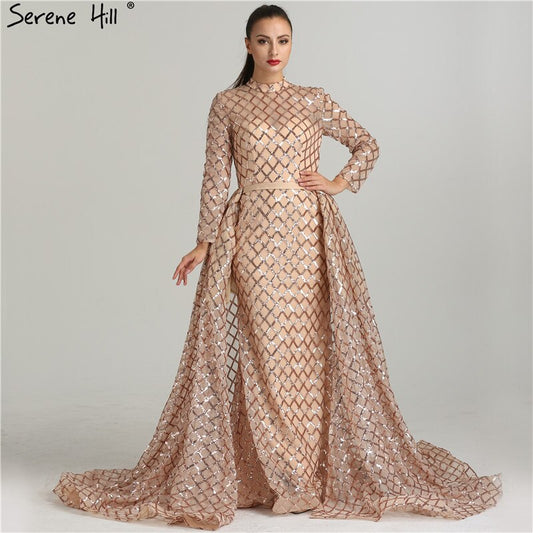 En oferta, sin devolución ni reembolso, vestidos de noche vintage de manga larga de lujo brillantes, 2025, con lentejuelas, cuello alto, vestidos de noche de tul a la moda, vestidos de fiesta LA6414