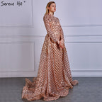 En oferta, sin devolución ni reembolso, vestidos de noche vintage de manga larga de lujo brillantes, 2025, con lentejuelas, cuello alto, vestidos de noche de tul a la moda, vestidos de fiesta LA6414