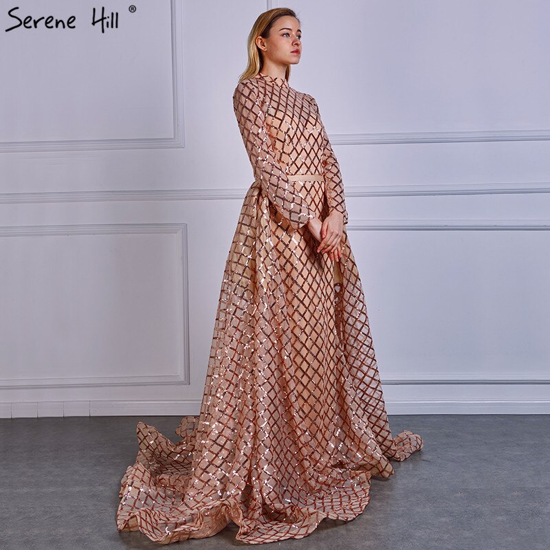 En oferta, sin devolución ni reembolso, vestidos de noche vintage de manga larga de lujo brillantes, 2025, con lentejuelas, cuello alto, vestidos de noche de tul a la moda, vestidos de fiesta LA6414