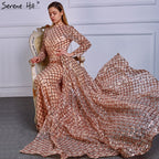En oferta, sin devolución ni reembolso, vestidos de noche vintage de manga larga de lujo brillantes, 2025, con lentejuelas, cuello alto, vestidos de noche de tul a la moda, vestidos de fiesta LA6414