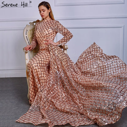 En oferta, sin devolución ni reembolso, vestidos de noche vintage de manga larga de lujo brillantes, 2025, con lentejuelas, cuello alto, vestidos de noche de tul a la moda, vestidos de fiesta LA6414