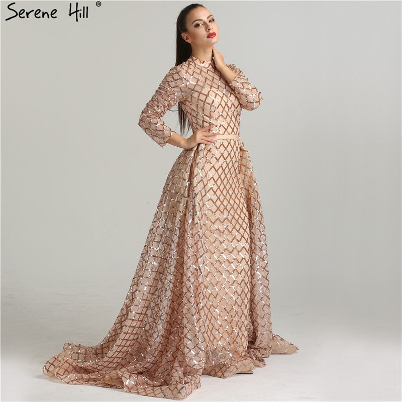 En oferta, sin devolución ni reembolso, vestidos de noche vintage de manga larga de lujo brillantes, 2025, con lentejuelas, cuello alto, vestidos de noche de tul a la moda, vestidos de fiesta LA6414