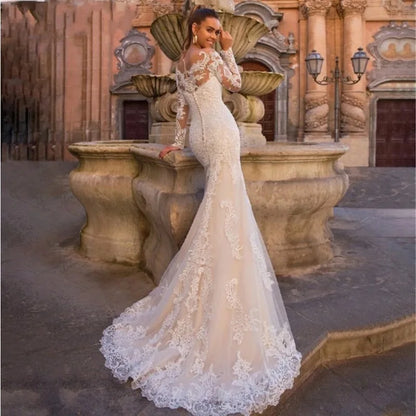 Vintage Mermaid Wedding Dresses With Detachable Train Long Sleeves Applique Beach Vestidos De Novia Summer Boho Bridal Gowns-payinti