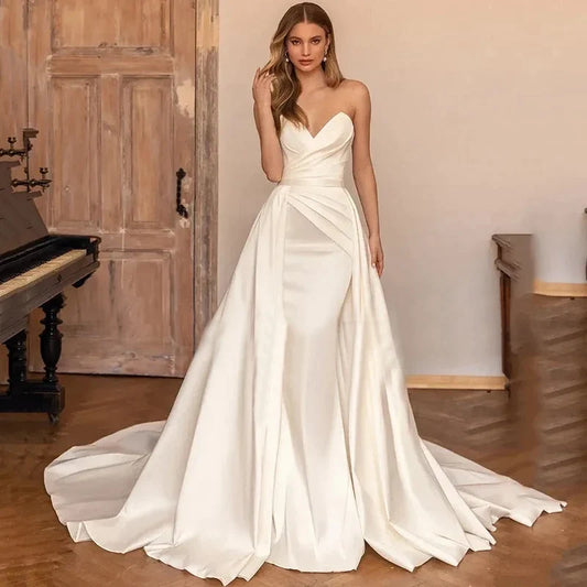 Vintage Spaghetti Straps Wedding Dresses V Neck Sexy Ball Gowns A Line Smooth Pleat Satin Long Court Train Formal Bridal Party-payinti