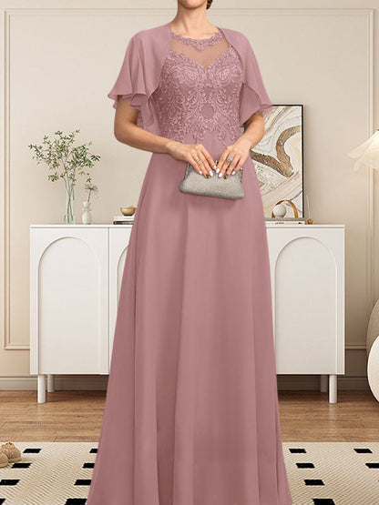 Vestido de gasa con encaje y lentejuelas para madre de la novia, corte A, escote ilusión, largo hasta el suelo
