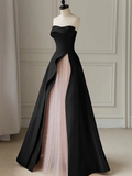 Vestido de noche negro sin tirantes con abertura alta y gasa - Vestido de novia gótico Y2386
