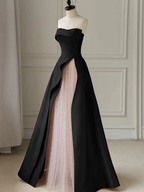 Vestido de noche negro sin tirantes con abertura alta y gasa - Vestido de novia gótico Y2386