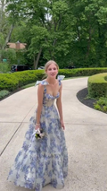 Vestido de fiesta largo con estampado floral azul de corte A, vestido de noche azul Y2560