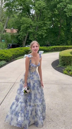 Vestido de fiesta largo con estampado floral azul de corte A, vestido de noche azul Y2560