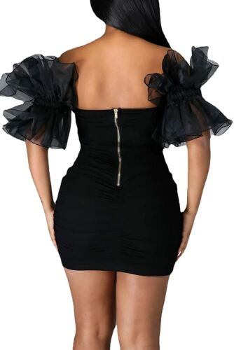 Vestido corto de fiesta negro con volantes y mangas abullonadas para mujer, de malla, con hombros descubiertos, Y786
