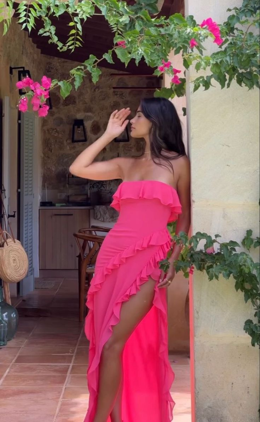 Vestido de noche con volantes de gasa rosa intenso, encantador, sin tirantes, con abertura, vestido de fiesta Y8081