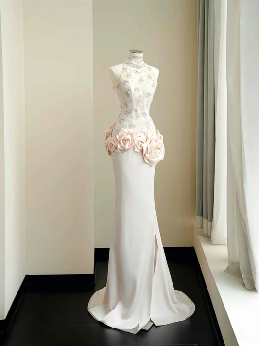 Elegante vestido de noche de satén rosa claro con encaje, lentejuelas y cuentas, corte sirena, vestido de fiesta Y8672