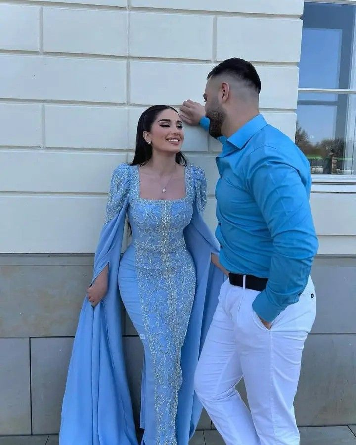 Elegante vestido de noche de lujo con lentejuelas y cuentas azules, ribete de satén y chal, estilo árabe dubaití, vestido de fiesta musulmán Y4669