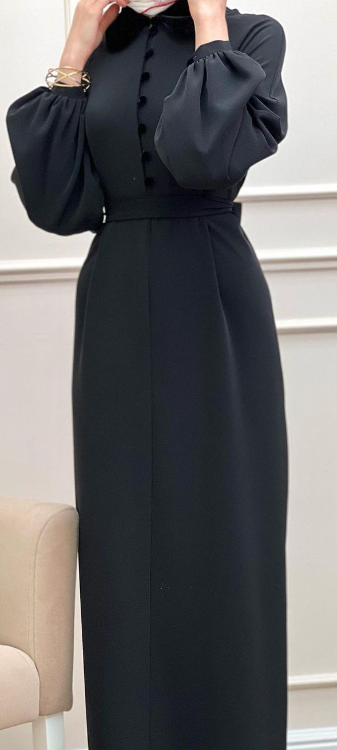 Vestido de noche elegante de corte columna negro con mangas largas Y4917