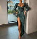 Langen Ärmeln Pailletten Meerjungfrau Abendkleider Schatz Vestidos Formales Side Split Y5032