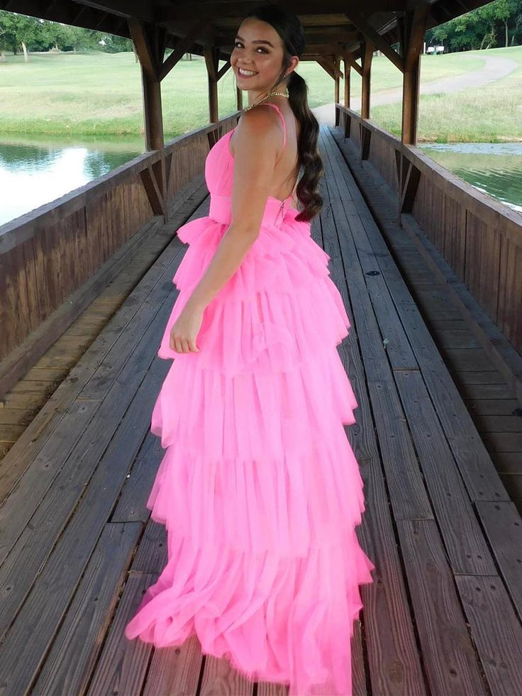 Fashion Open Back Layered Pink Long Prom Dresses Pink Formal Graduation Evening Dresses Y4954