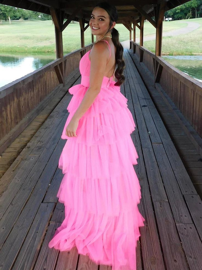 Fashion Open Back Layered Pink Long Prom Dresses Pink Formal Graduation Evening Dresses Y4954