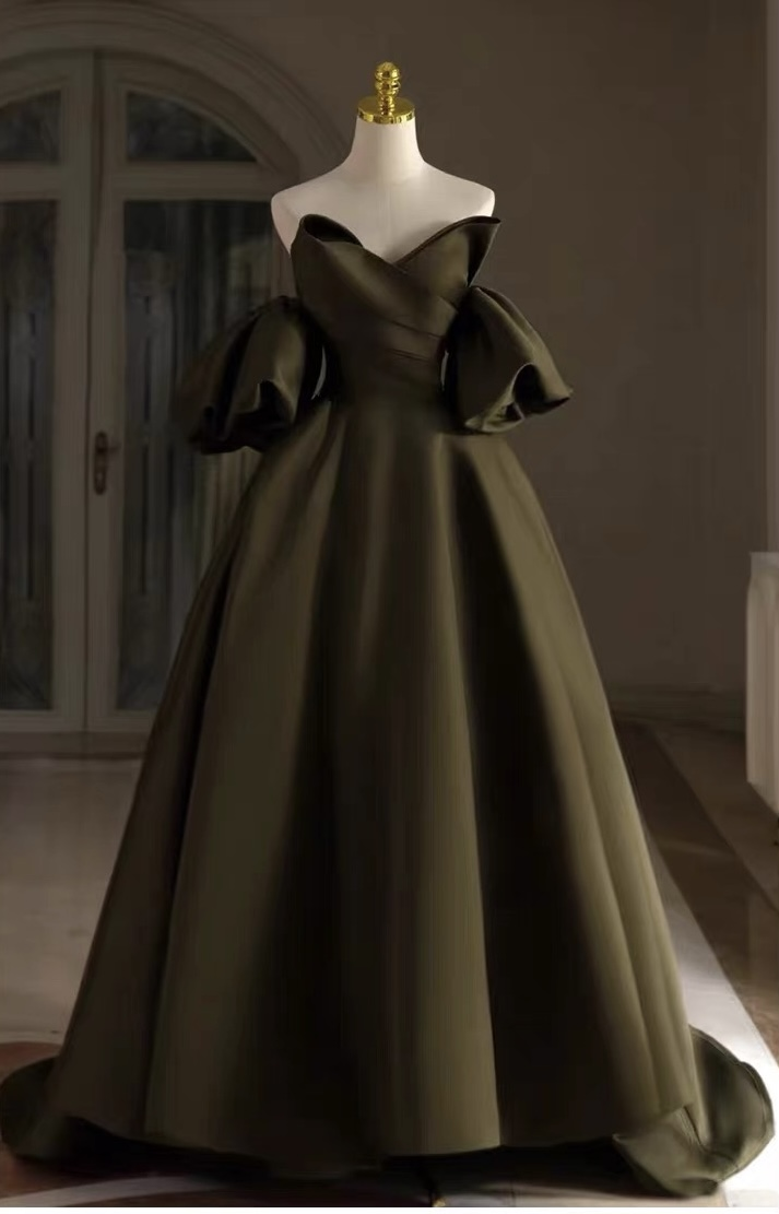 Satin Brautkleid,Einzigartiges Hochzeitskleid,Armeegrünes Brautkleid Y4964