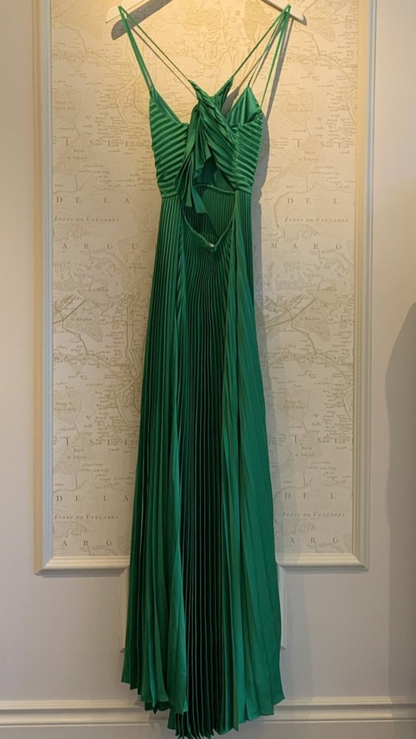 Vestido de noche largo plisado verde con lazo en la espalda Y4000