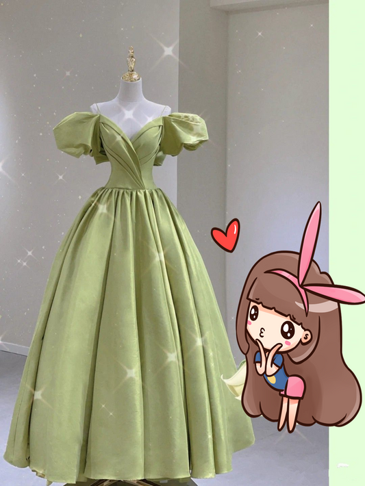 Grünes Satin Langes Ballkleid mit Puffärmeln,Grünes Abendkleid,Y2458