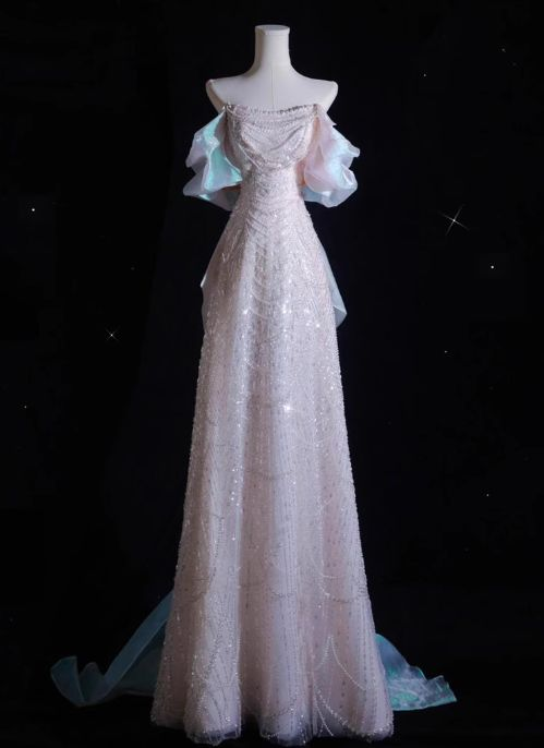 Rosa A-Linie Off-Shoulder Tüll Pailletten Perlen Langes Ballkleid Formales Abendkleid Y8050