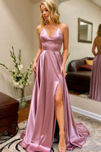 Rosie | A-Linien-Ballkleid aus Satin mit Spaghettiträgern und Schlitz