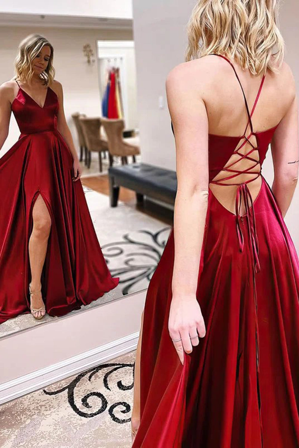Rosie | Vestido de fiesta de satén con tirantes finos y abertura en forma de A