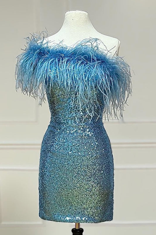 Florence | Hellblaues Homecoming-Kleid mit glitzernden Pailletten und Federn