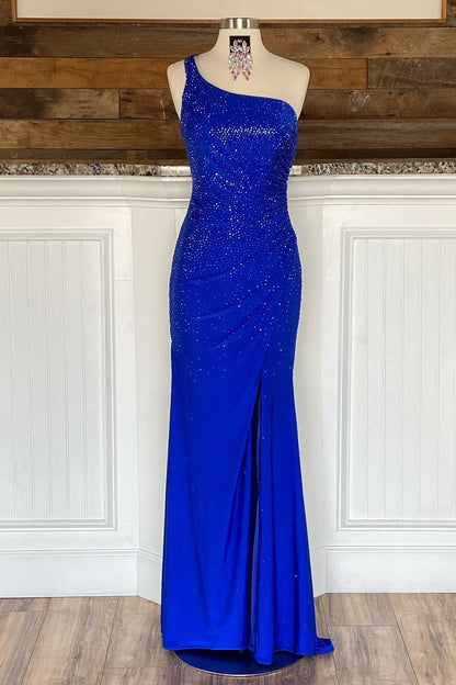 Celine | Vestido de fiesta de sirena de jersey con cuentas y un solo hombro con abertura